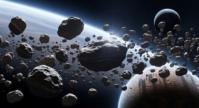 Asteroid field in deep space with planets and distant stars, dramatic cosmic background. astroid belt