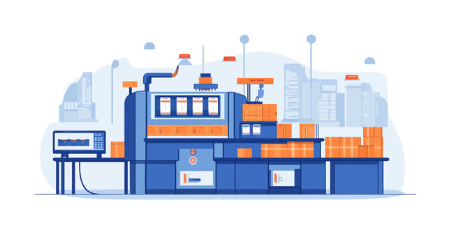 A stylized illustration featuring machinery with boxes and computer in a production environment