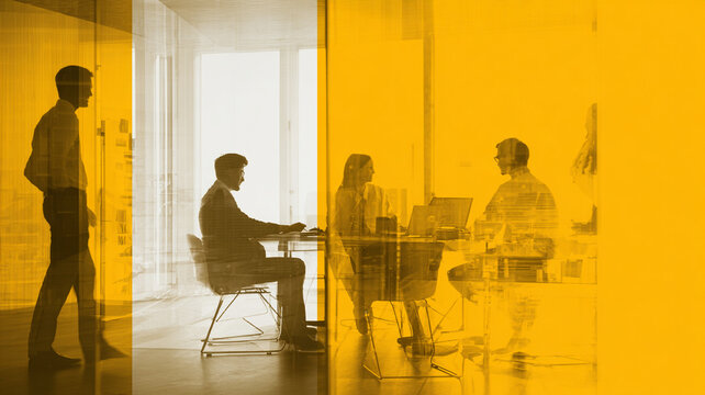 Group of professionals engaged in strategy meeting in modern office, with warm yellow filter creating collaborative atmosphere