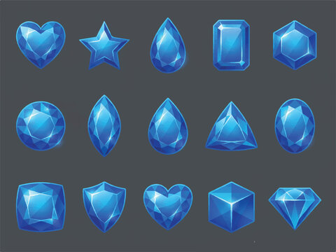 Collection of various blue gemstone icons in different shapes and forms  heart star circle teardrop shield cube