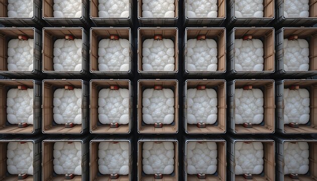Overhead view of neatly stacked bales of fluffy white cotton in wooden crates, agriculture harvest. ibc container