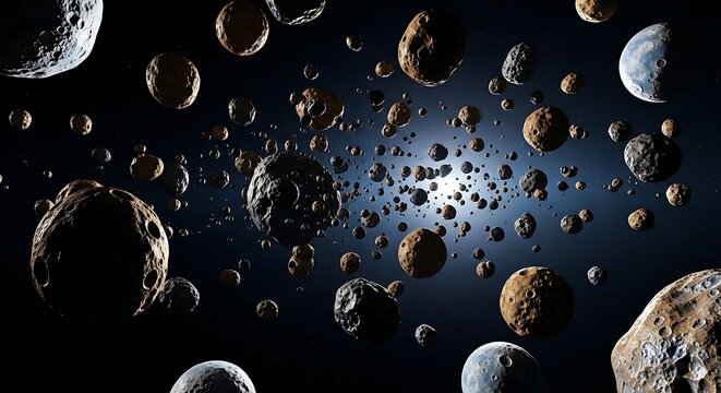 Cosmic Asteroid Field with Celestial Bodies and Starlight Explosion in Deep Space. astroid belt