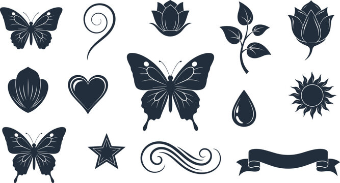 Butterfly Floral Icons Set with Nature Ribbon Symbols