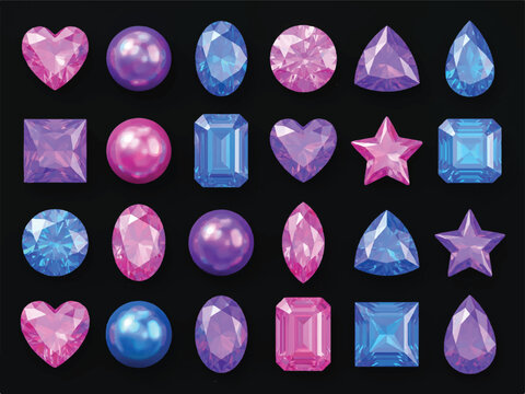 Collection of various pink and blue gemstones and pearls in different shapes and cuts  heart star round square