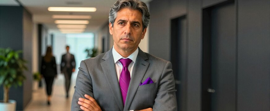 Middle Aged Man Standing In Indoor Office Corridor With Serious Expression On Face Confident Dressed Professionally Wearing Grey Suit Jacket