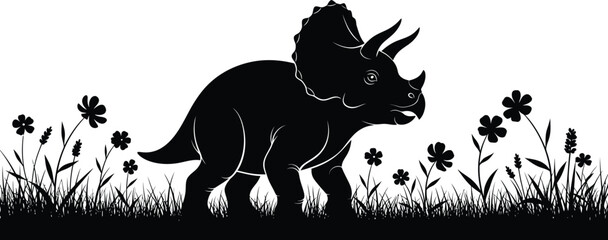 Black Triceratops Walking in Grass with Flowers Silhouette © Azan