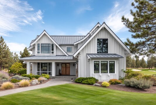 Modern farmhouse style home with a metal roof and board and batten siding
