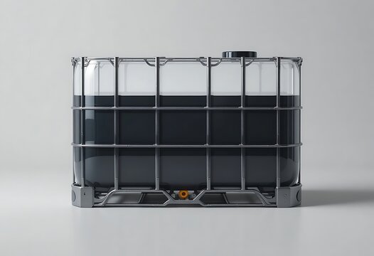 Empty industrial iBC tote container with transparent plastic body and metal frame on neutral background. ibc container