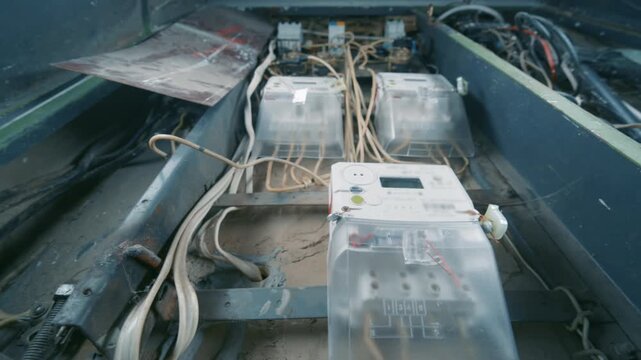 Three Modern Digital Electric Meters on Old Electrical Panel | Tangled Wiring and Aged Infrastructure Inside Utility Cabinet. Bottom-Up Wide-Angle View