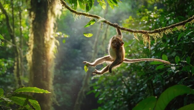 Agile monkey swinging through lush green jungle branches in sunlight