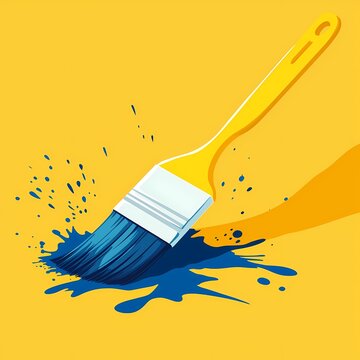Flat illustration of a paint brush creating blue paint splashes on a bright yellow background during an art project Generative AI