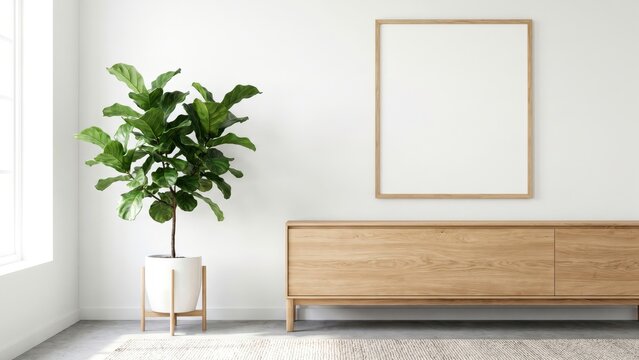 Stylish home decor with a lush fiddle leaf fig, wooden cabinet, and empty picture frame on a white wall.