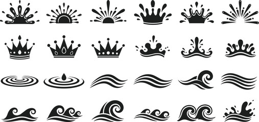 Crown Wave and Water Splash Vector Icon Set with Royal Symbols Ocean Ripples and Liquid Drop Elements © Romana