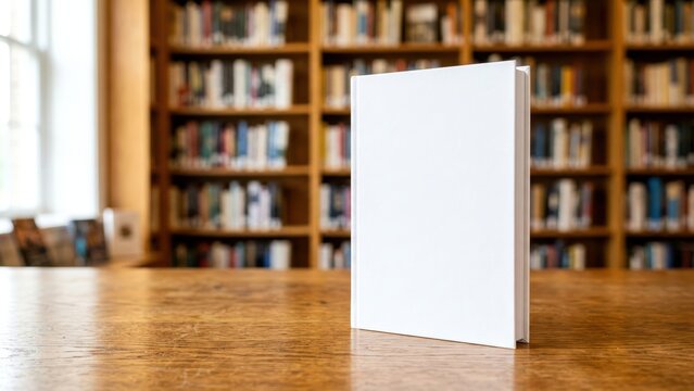 Clean white book with empty cover on a wooden table in a blurry library setting
