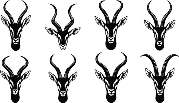 Elegant Antelope and Gazelle Head Silhouette Vector Set with Curved Horn Variations and Detailed Face Designs