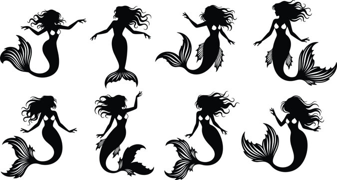 Elegant Mermaid Silhouette Vector Set with Flowing Hair Detailed Fins and Various Graceful Underwater Fantasy Poses