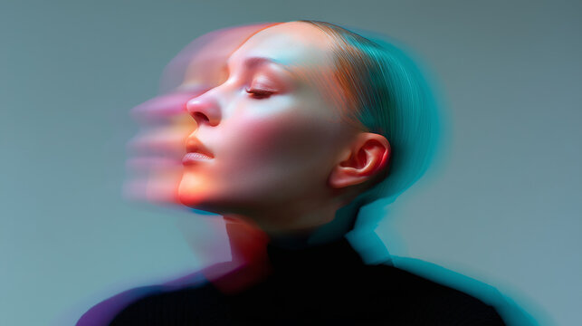Woman portrait with colorful chromatic aura shifting in red teal and violet tones, representing inner conflict, mental imbalance, emotional energy and meditation concept against gray background.