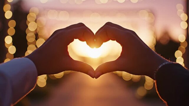 Sunset love moment: Hands forming a heart with bokeh light, perfect for advertising, news, and b roll motion content.