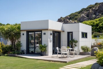 Fototapeta premium Modern, white cabin with a patio. Exterior with table, chairs, plants, and greenery