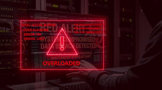 Hacker attacking secure server room showing digital cyber attack alert screen