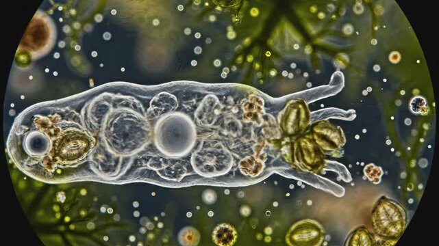 A microscopic view of a translucent worm-like creature with multiple circular structures inside its body, against a dark green background with scattered particles