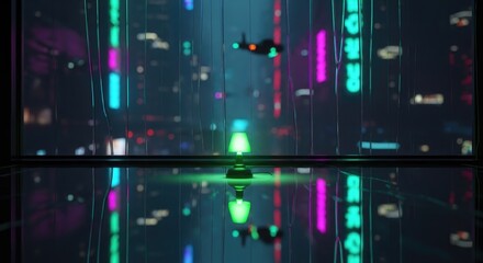 Fototapeta premium Neon Cityscape Reflection - Futuristic Drone Flight.