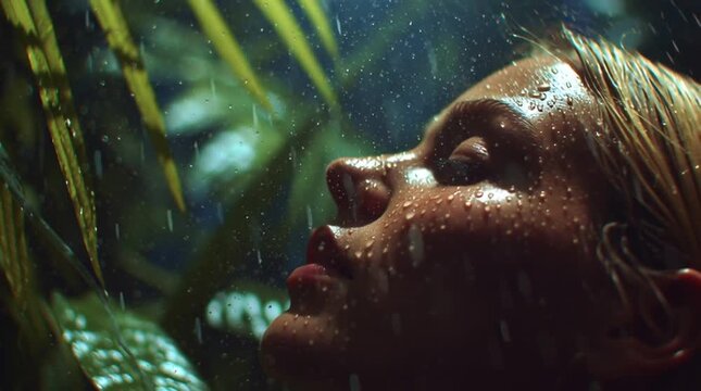 First-person POV of a person&rsquo;s face feeling a cool mist in a dense tropical garden, with moisture droplets, soft light filtering through lush greenery.
