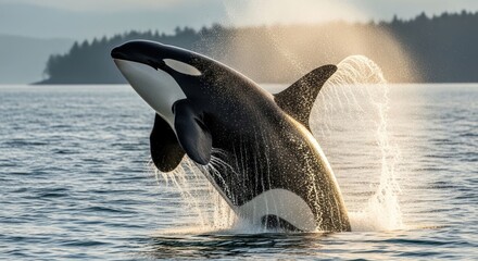 Obraz premium Majestic Orca Breaching in Ocean Waters A Stunning Marine Spectacle.