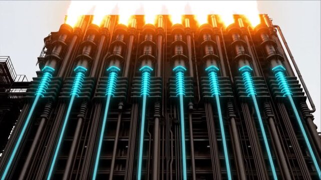 オレンジのフレアと鋼鉄パイプによるエネルギーインフラ精製所の組み立て