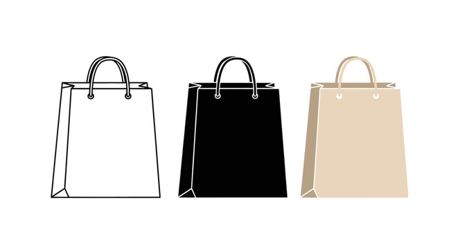 A trio of shopping bags in outline, black, and natural paper textures, representing diverse retail and consumer choices on a white background