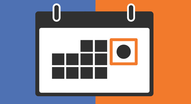 A simplified calendar icon with a grid of squares representing days, and a highlighted orange square with a dot, symbolizing a scheduled event or important date