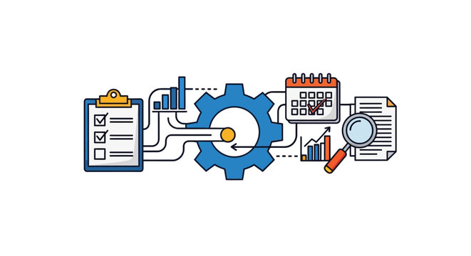 Integrated Business Process Workflow Management. Illustrating data analysis, task execution, planning, and reporting for operational efficiency and productivity growth