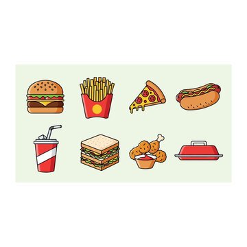 Set of fast food icons featuring burger fries pizza hotdog soda sandwich
