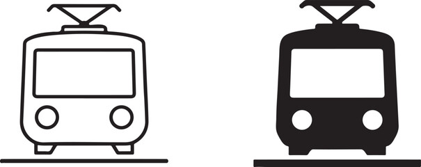 Naklejka premium Light rail transit with pantograph icons in black silhouette and outline.