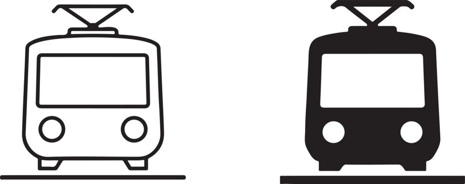 Light rail transit with pantograph icons in black silhouette and outline.