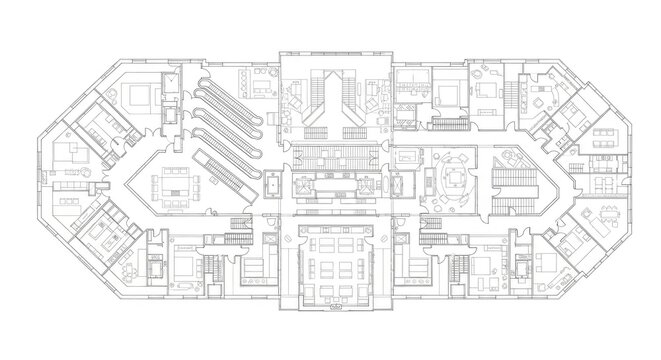 Architectural floor plan blueprint of a building with interior details