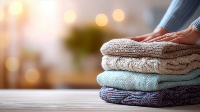 Woman Folding Clean Laundry With Warm Home Bokeh Background And Copy Space For Text Or Branding