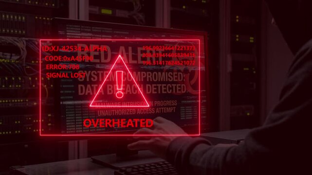 Hacker working on laptop inside server room with red digital security alert warning overlay