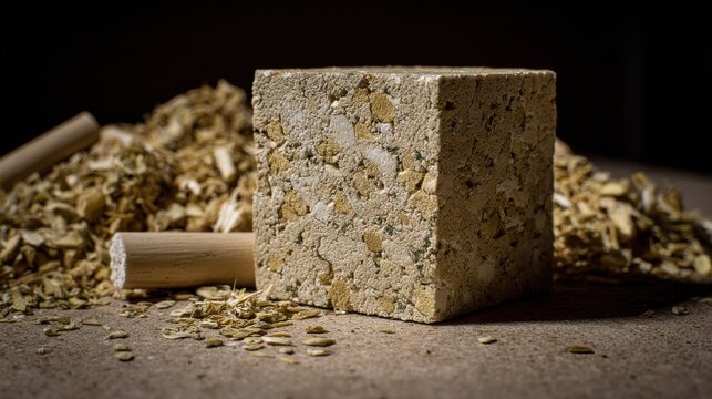 Close-up of a Textured Biofuel Pellet Block on a Surface with Scattered Biomass Material