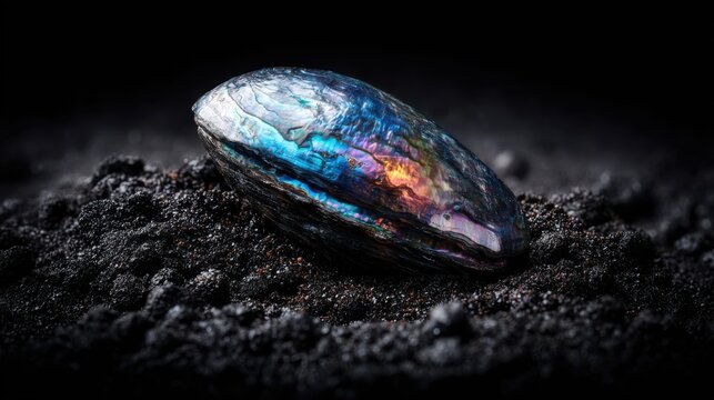 Iridescent Abalone Shell Displaying Natural Nacreous Beauty on Dark Textured Surface