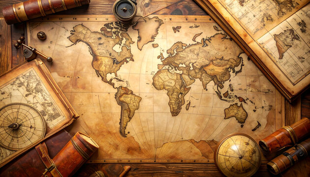Antique world map with vintage compass globe and spyglass on wooden table in sepia tone for history and exploration themes