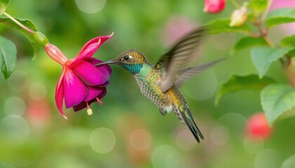 Fototapeta premium A delicate hummingbird in mid-flight hovers to feed from a vibrant magenta flower, showcasing nature's intricate beauty and avian agility.