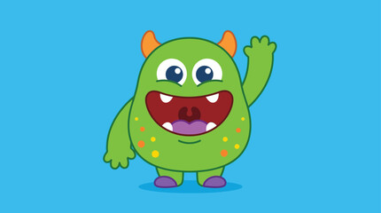 Fototapeta premium Cute Green Monster Character with Horns Waving Hand Friendly Smile Sim