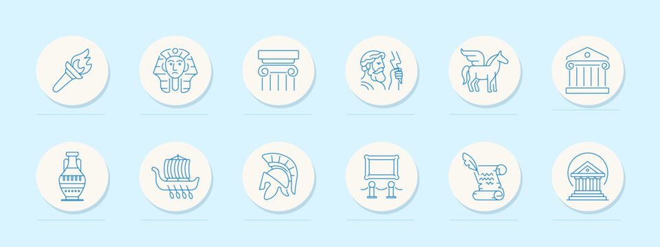 Ancient civilization set icon. Outline series with torch flame, pharaoh mask, column capital, bearded statue, winged horse, temple facade, amphora vase, trireme ship, spartan helmet