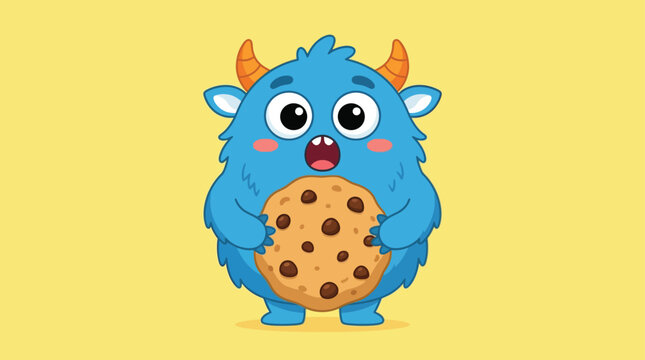 Cute Blue Monster Holding a Giant Cookie with Chocolate Chips Cartoon
