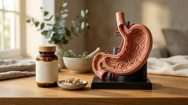 Gastroenterologist stomach anatomy digestive system medical model supplement capsule gut health nutrition