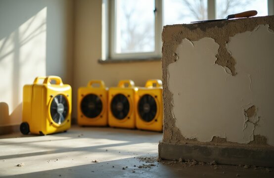 Yellow drying fans are set up in a room with damaged walls and peeling paint. Reconstruction or repair work is in progress. The equipment helps to dry out excess moisture. This is a construction site.