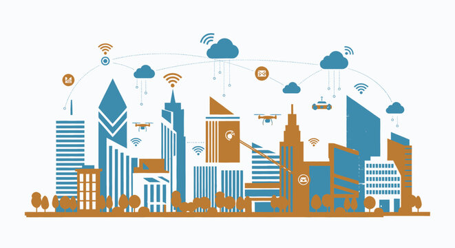 Smart city illustration displaying interconnected buildings, advanced digital technology, wireless communication, and integrated urban infrastructure for future development