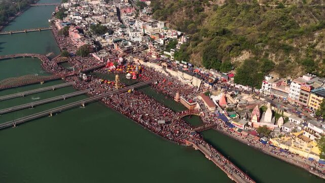 Aerial view of har ki pauri haridwar so many people gather for ganga snan.