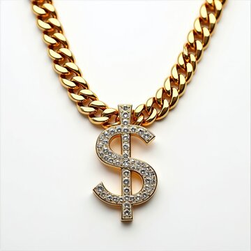 Gleaming gold cuban chain with diamond encrusted dollar sign pendant. Luxurious bling accessory represents wealth success and money. High fashion statement jewelry for opulent lifestyle.